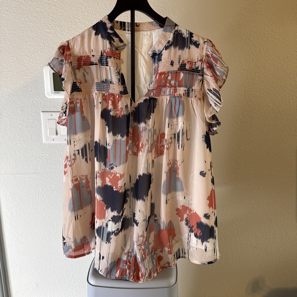 Women's Floral Splash Ruffle Sleeve Blouse Multicolor Size XL